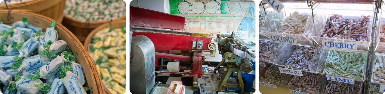 Salt water taffy in baskets, a taffy-pulling machine and bins of flavors