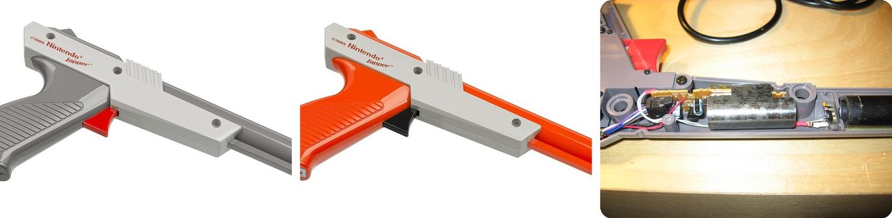 NES Zapper light guns in gray and orange, and the inside of one