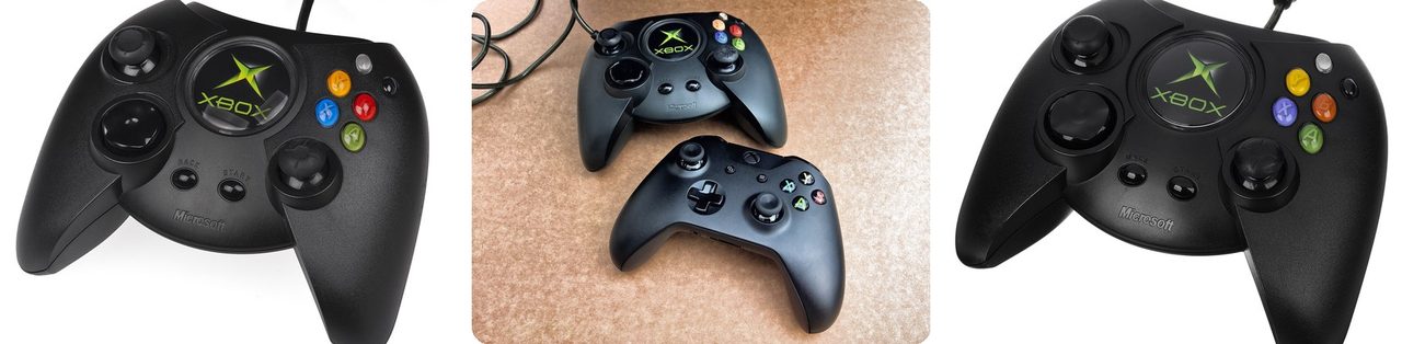 The original Xbox "Duke" controller, next to a newer Xbox controller