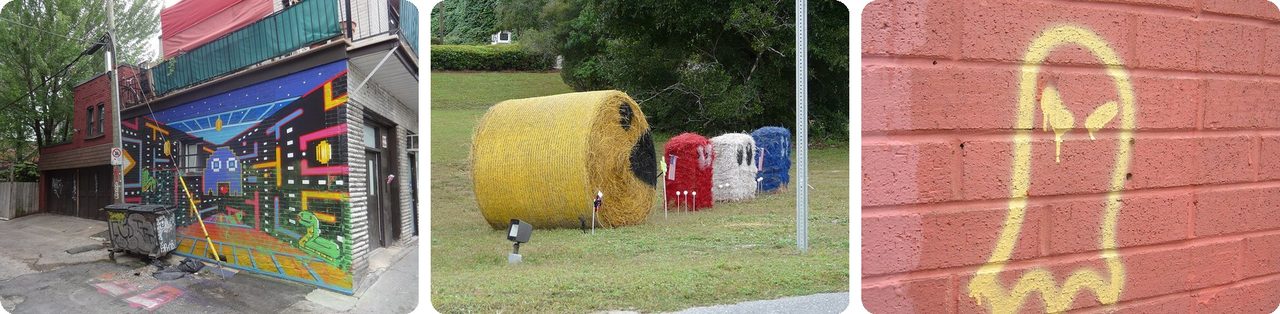 Pac-Man ghosts painted on walls and made from hay bales