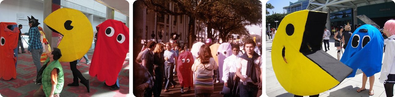 People dressed as Pac-Man and the ghosts at fan conventions and Mardi Gras