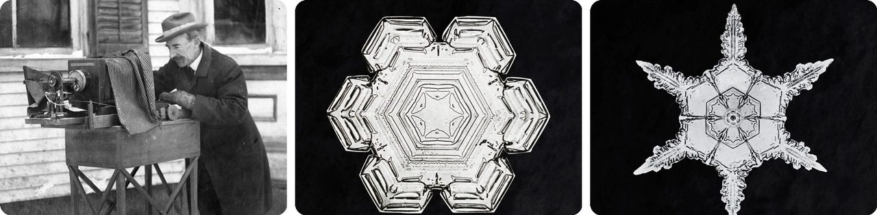 Wilson Bentley at his camera, and two of his snowflake photographs