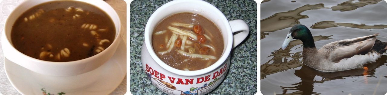 Bowls of czernina, a dark duck blood soup, and a duck