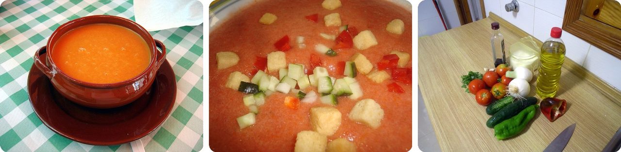 Gazpacho in a clay bowl, a close-up of gazpacho, and its ingredients