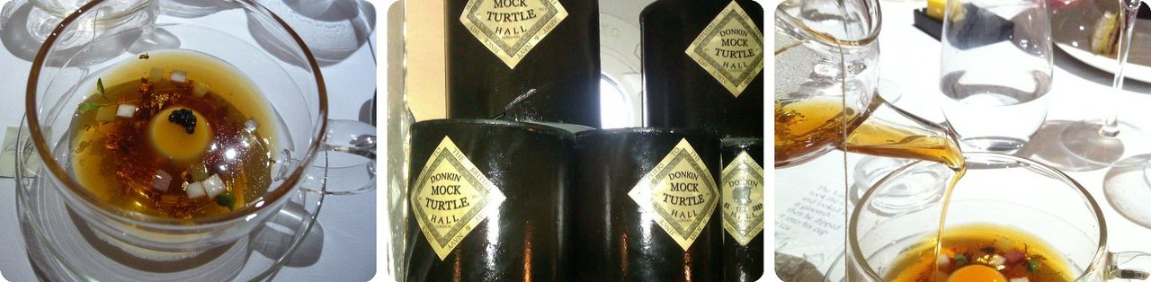 Mock turtle soup served in glass bowls, and bottles of mock turtle soup