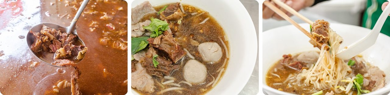 A ladle of simmering beef broth and bowls of beef noodle soup at Wattana Panich, Bangkok