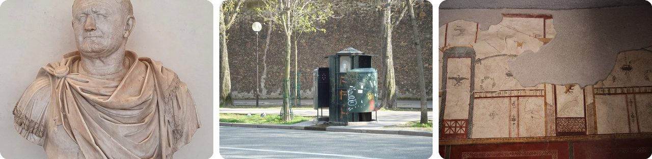 A bust of Emperor Vespasian, a Paris street urinal, and a Roman laundry in Pompeii