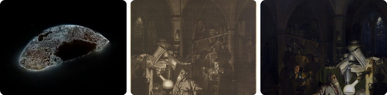 A glowing lump of white phosphorus, and Joseph Wright's painting of its discovery