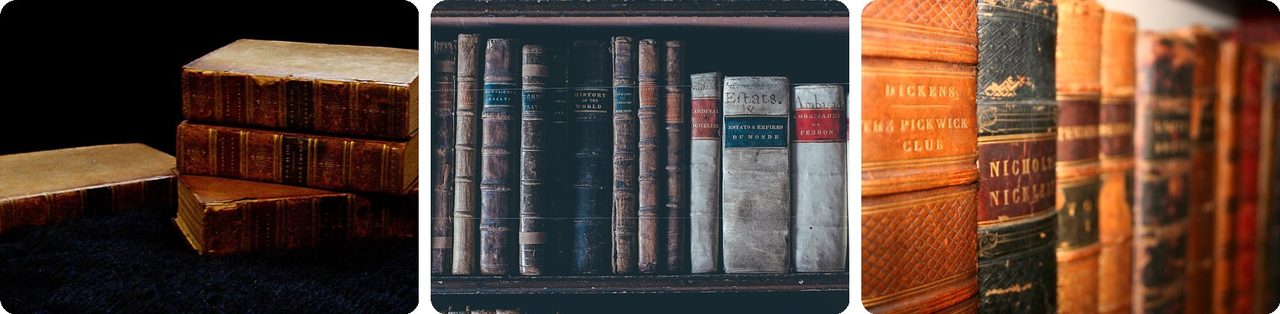 Old leather-bound books on shelves