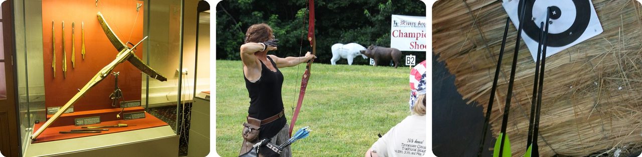 A medieval crossbow, an archer with a longbow, and arrows in a target