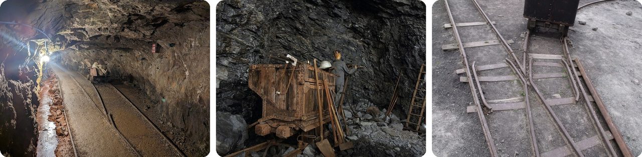 Old mine carts on rails in tunnels and mines