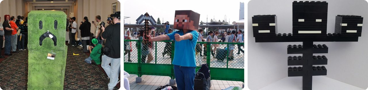People dressed as a creeper and Steve, and a LEGO Wither
