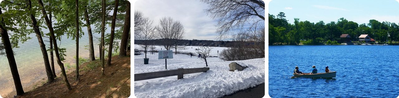 Clear Walden Pond water, a snowy Spy Pond, and a rowboat on Jamaica Pond
