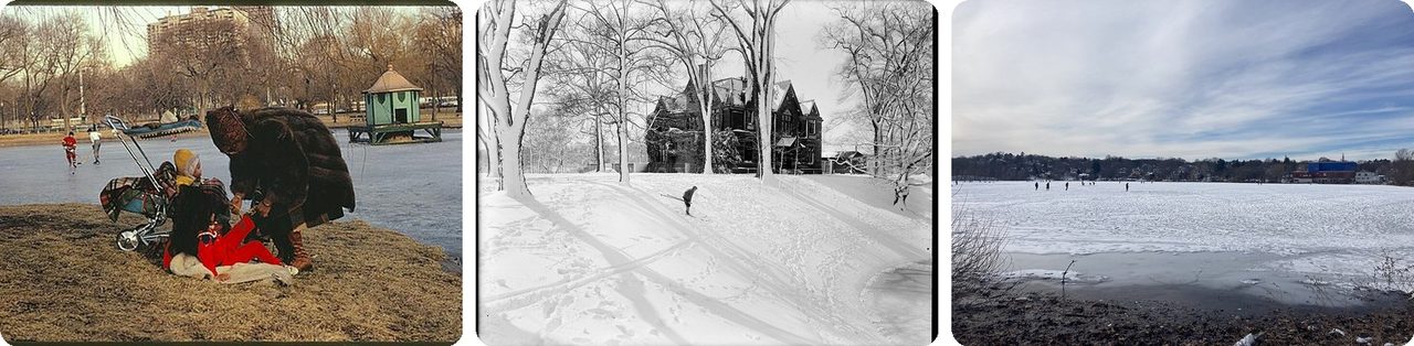 Skaters at the Public Garden, Jamaica Pond in snow, and frozen Spy Pond