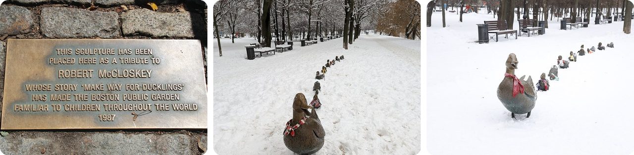 The Make Way for Ducklings plaque in Boston, and the duckling statues in Moscow