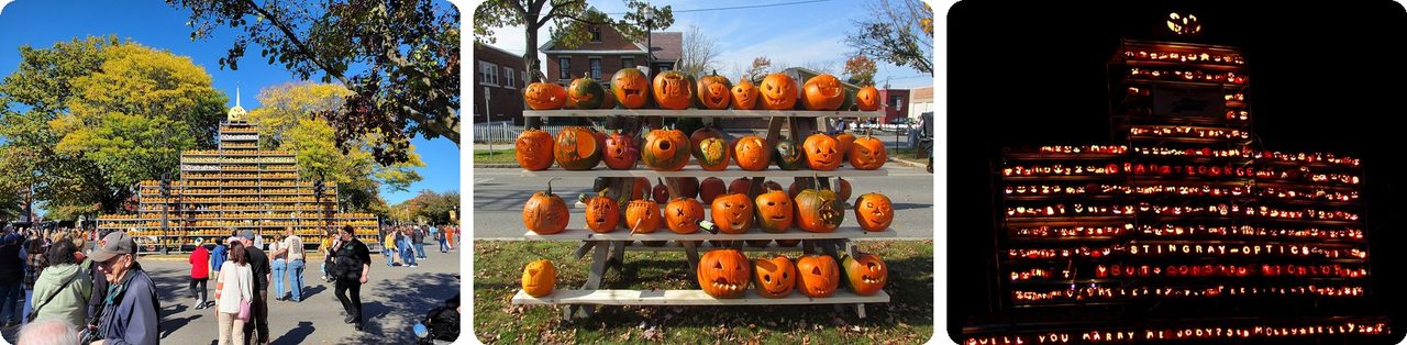 Towers and racks of jack-o'-lanterns at the Keene Pumpkin Festival