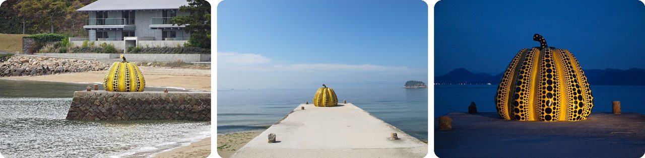 Yayoi Kusama's yellow Pumpkin on its pier on Naoshima