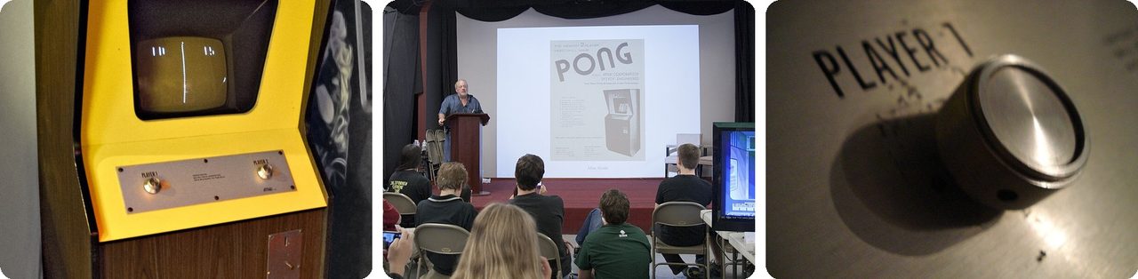 An Atari Pong cabinet, Allan Alcorn presenting the first Pong ad, and a Pong paddle knob
