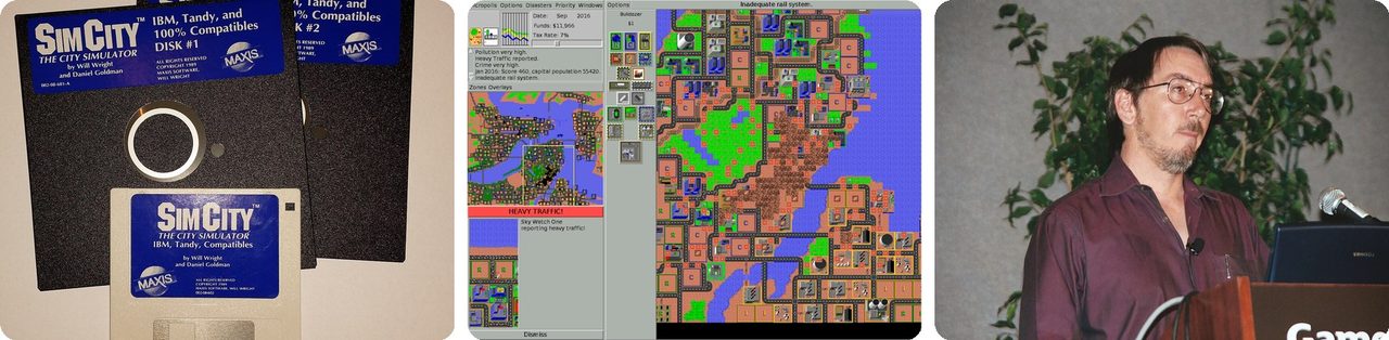 SimCity floppy disks, a SimCity-style city map, and Will Wright