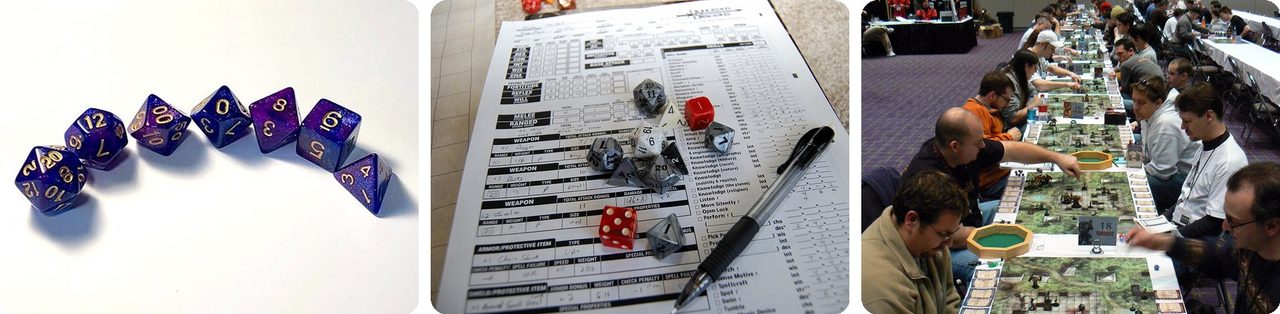 Dungeons & Dragons dice, a character sheet, and a game table with miniatures