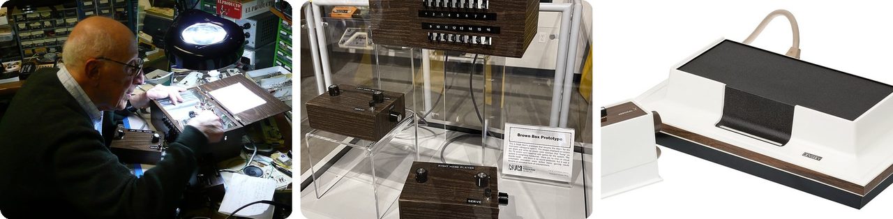 Ralph Baer with his Brown Box, the Brown Box prototype, and the Magnavox Odyssey