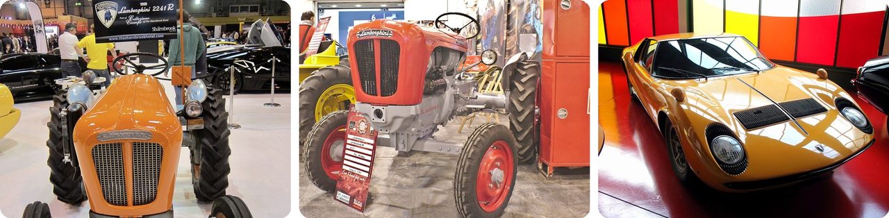 Vintage Lamborghini tractors and a Lamborghini Miura sports car