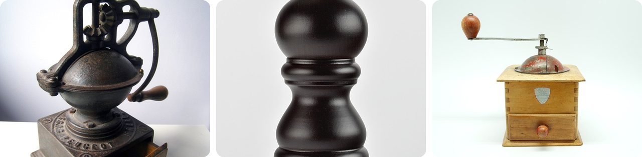 An antique Peugeot coffee grinder and Peugeot pepper mills