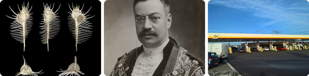 A murex seashell, Shell founder Marcus Samuel, and a Shell gas station