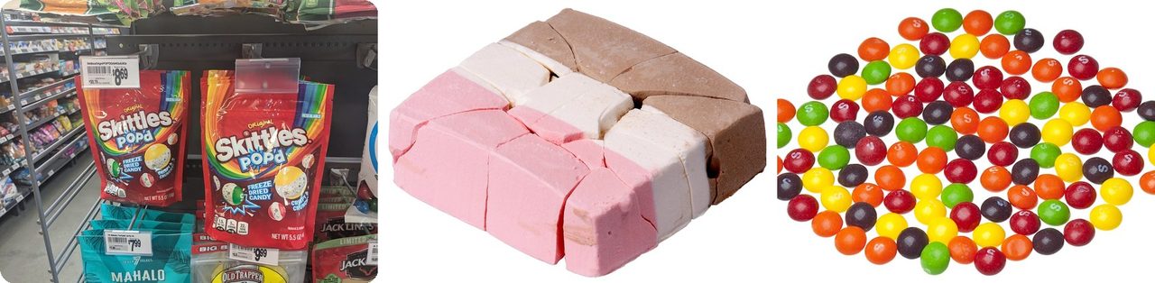 Bags of freeze-dried Skittles POP'd, freeze-dried ice cream, and regular Skittles