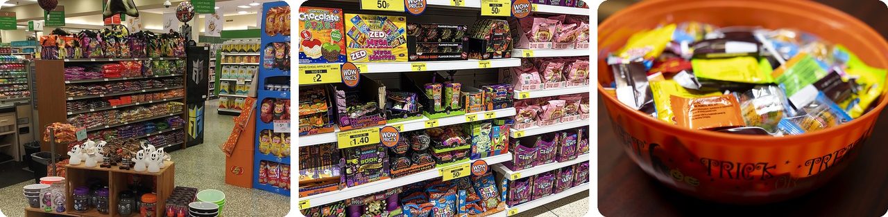 Halloween candy displays and aisles in stores, and a trick-or-treat bowl