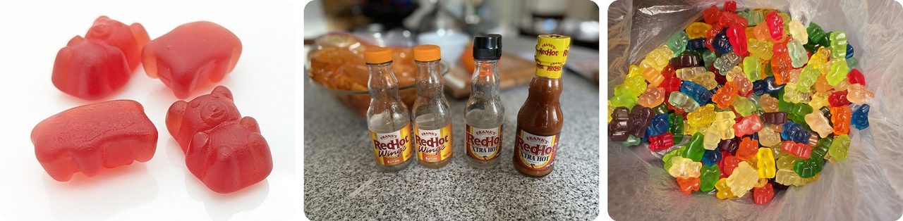 Gummy bears and bottles of Frank's RedHot sauce