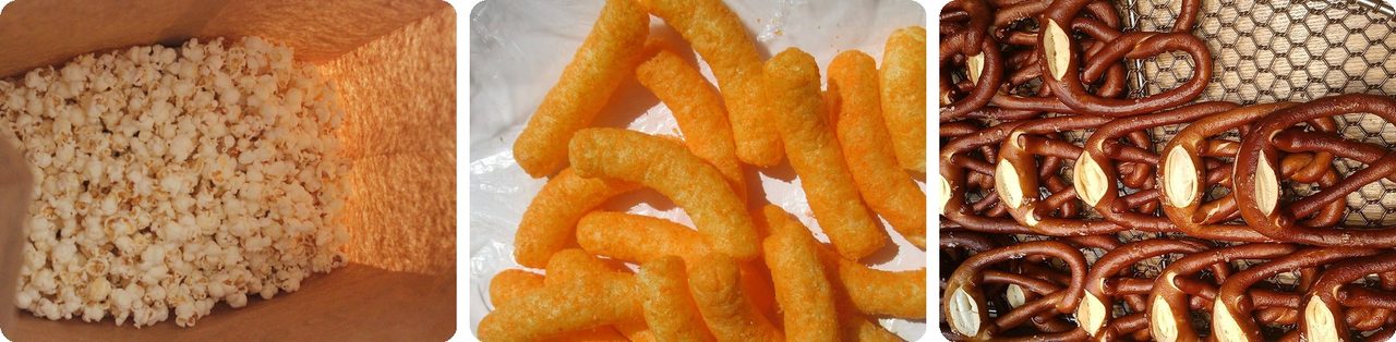 Popcorn, cheese puffs and pretzels