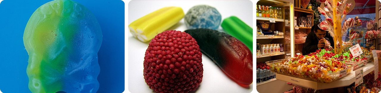 A Bubs skull candy, Swedish pick-and-mix candy, and a candy shop in Stockholm