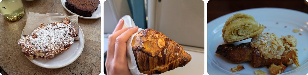 Almond croissants dusted with sugar and topped with sliced almonds