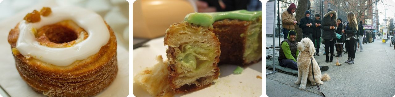 A cronut, its flaky inside, and the line outside the bakery
