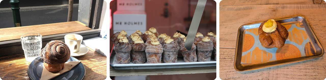 Cruffins in a café and on a bakery tray