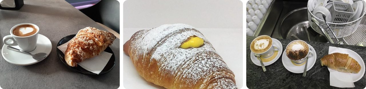 A cornetto with cappuccino, a custard-filled cornetto, and cornetti at a Rome café